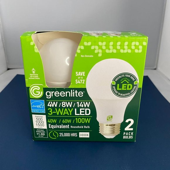 NEW 2 Pack Greenlite 4W/8W/14W 3-Way LED 40W/60W/100W Equivalent 25,000 Hrs Bulb - Picture 2 of 6
